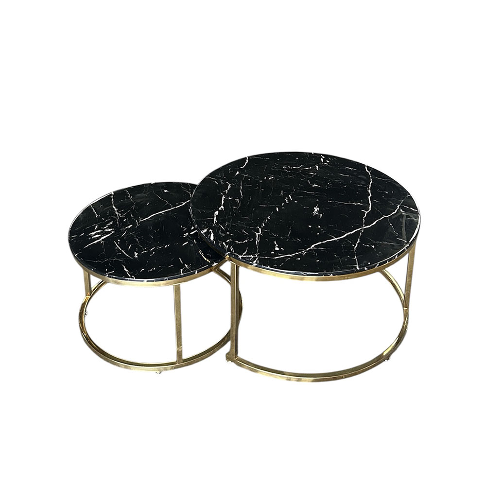 Mesa de Centro Doble Dorada con Cubierta de Mármol Negro