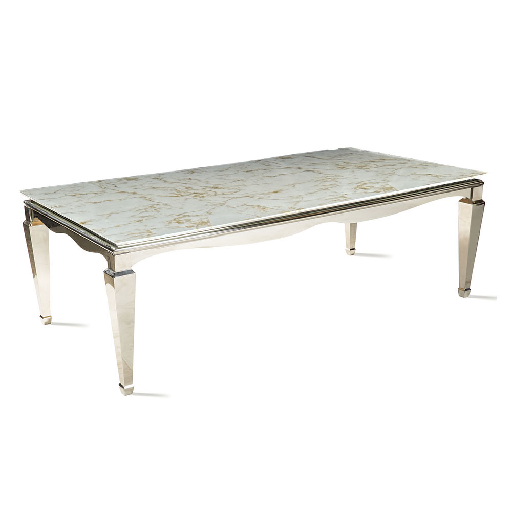 Cubierta rectangular de cristal tipo mármol Calacatta Gold con base cromada
