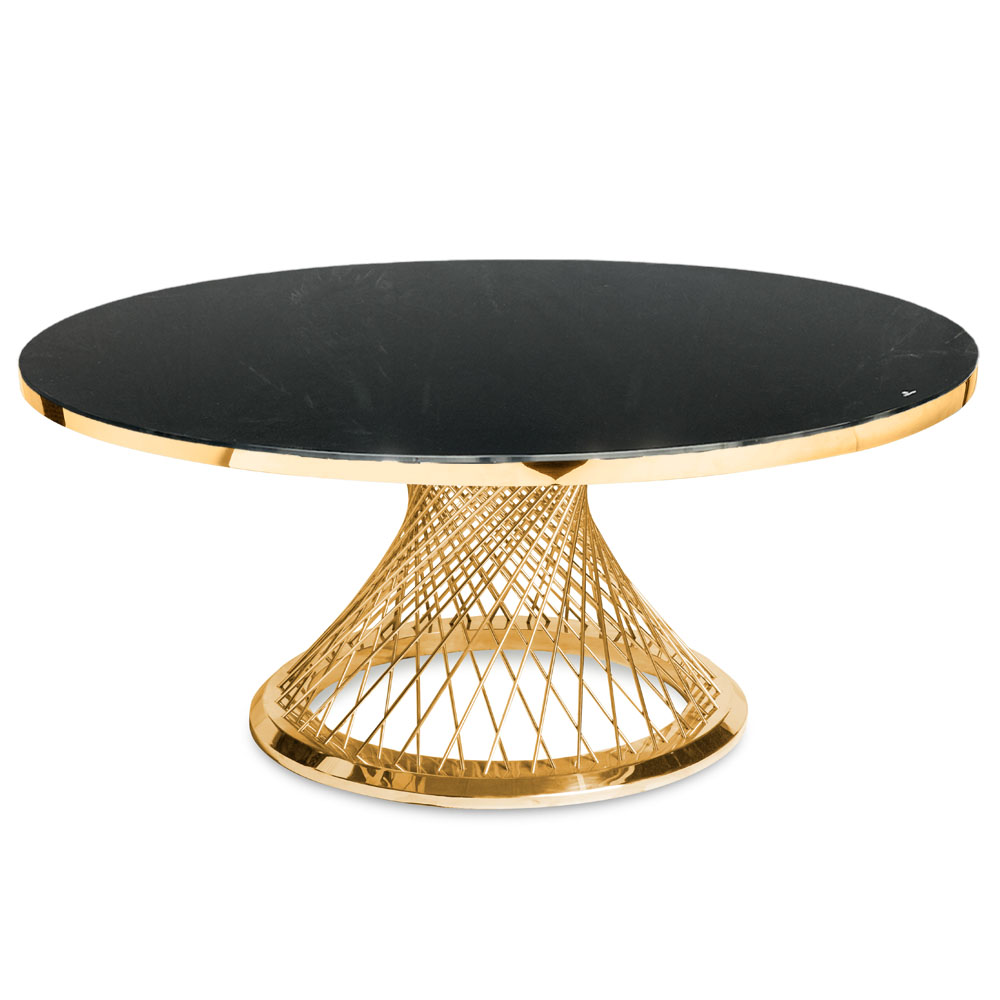 Cubierta circular de cristal negro con base de fuente rose gold
