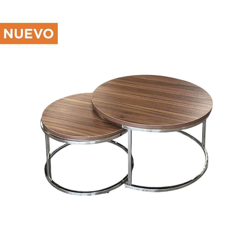 Mesa de Centro Doble Plateada con Cubierta de Madera