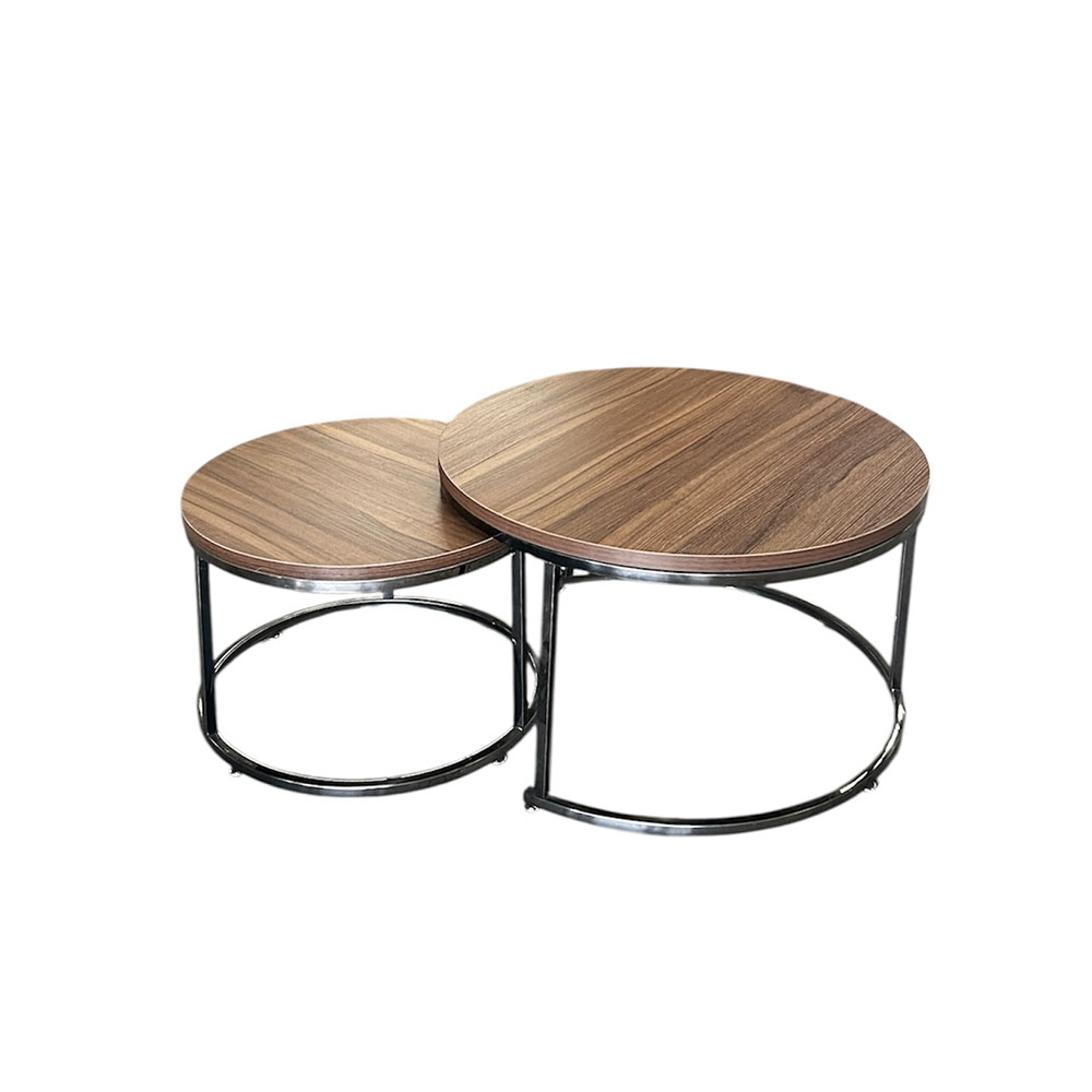 Mesa de Centro Doble Cromada Negra con Cubierta de Madera