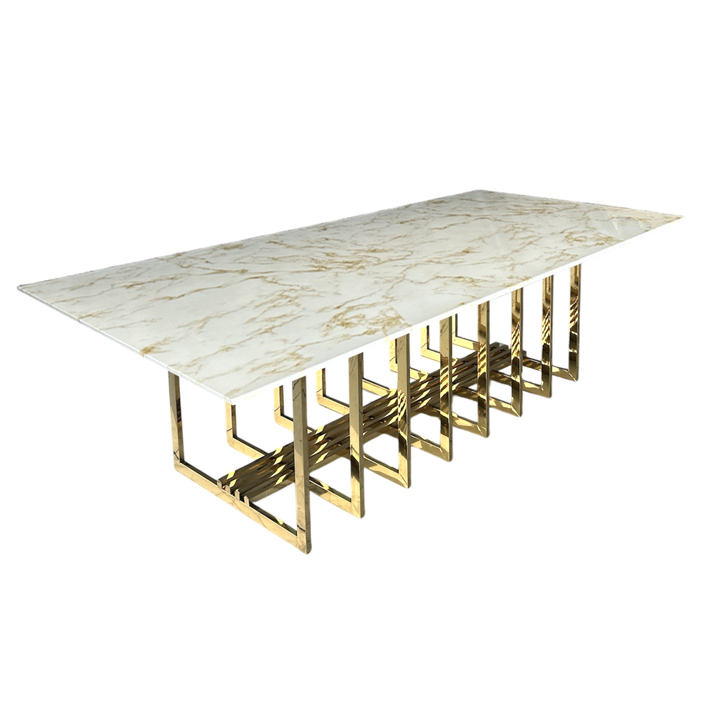 Cubierta rectangular de mármol blanca calacatta gold con base jaula dorada