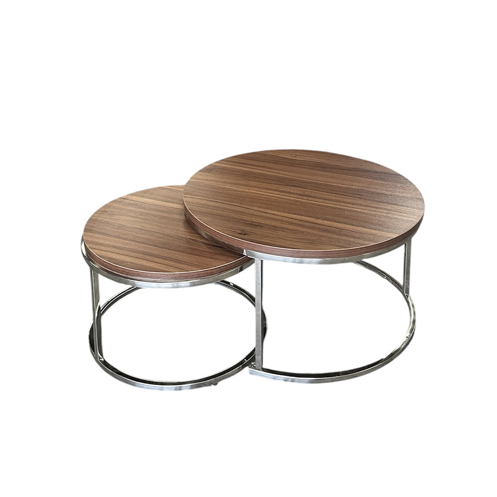 Mesa de Centro Doble Plateada con Cubierta de Madera