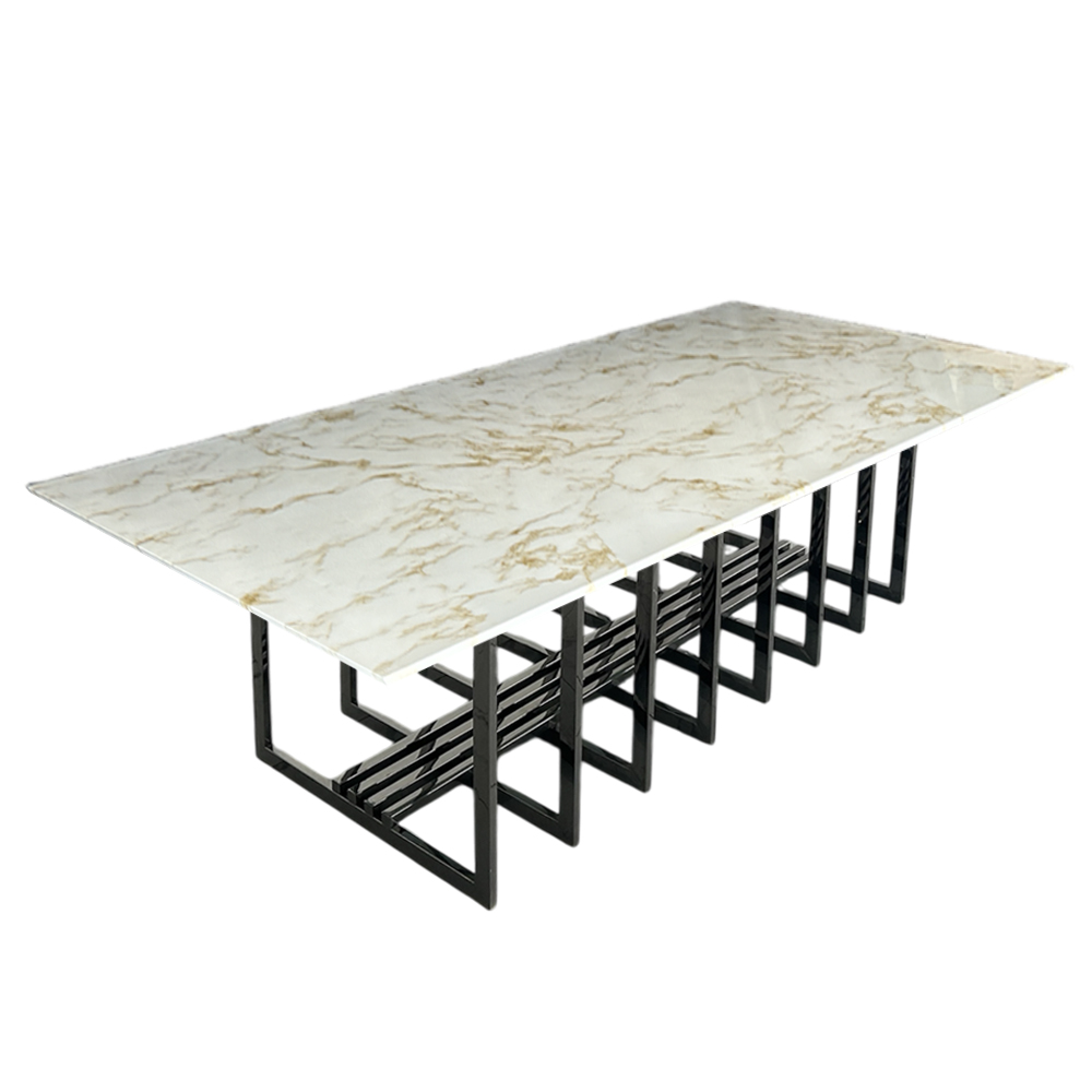 Cubierta rectangular tipo mármol blanco calacatta gold con base jaula oxford