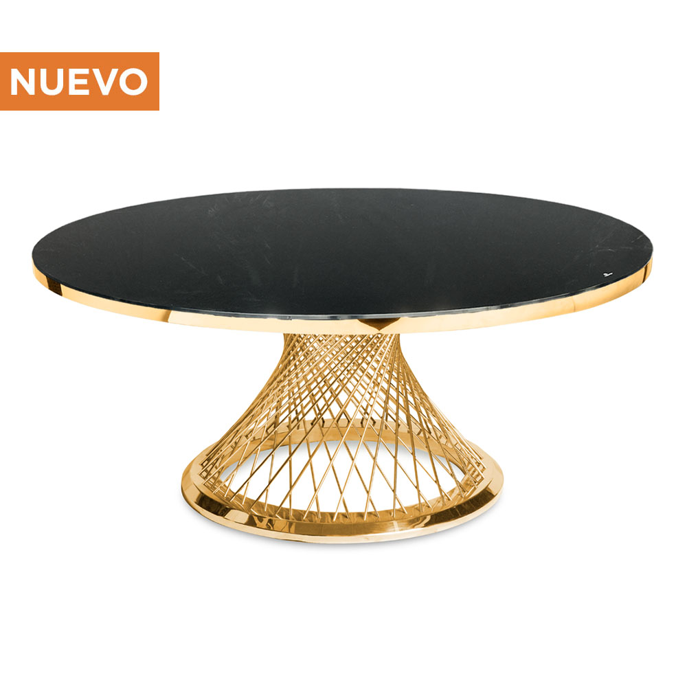 Cubierta de cristal negro circular con base de fuente rose gold