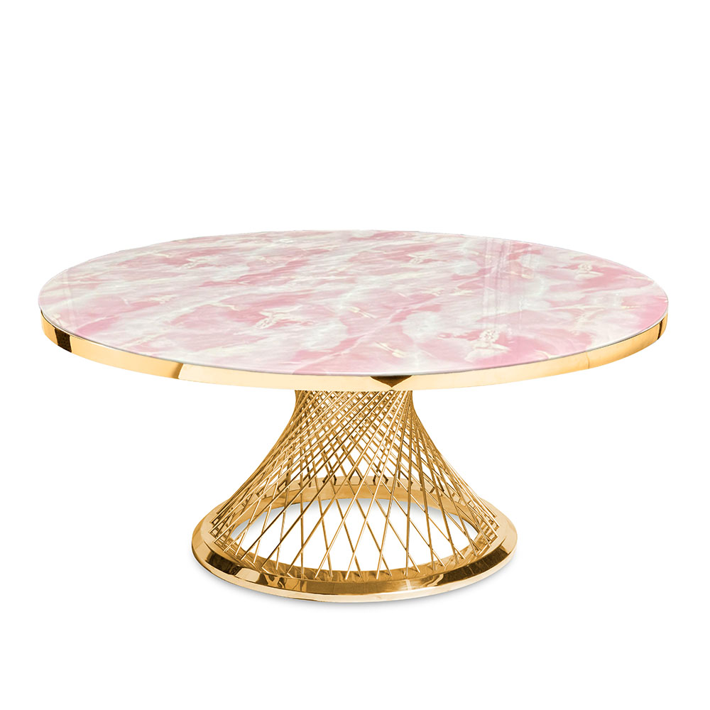 Cubierta circular tipo mármol rosa calacatta con base fuente rose gold