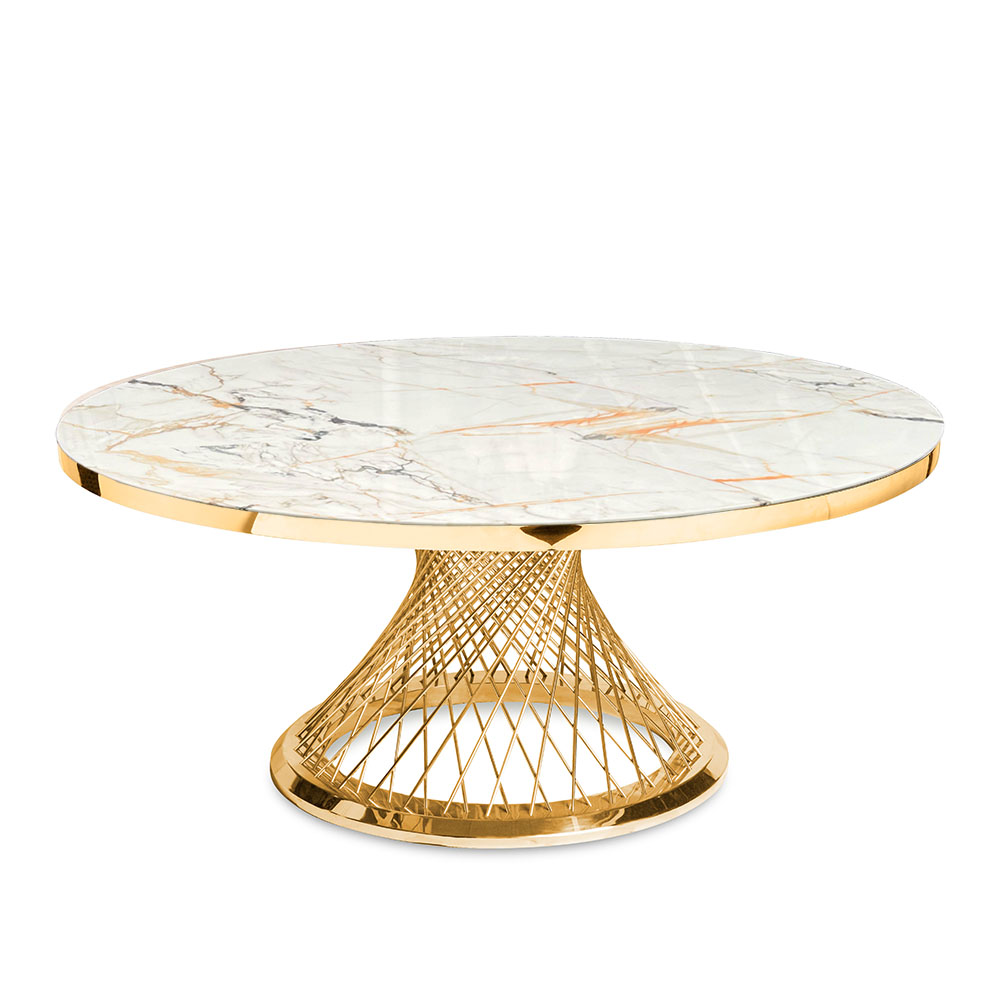 Cubierta circular tipo mármol blanco calacatta gold con base fuente rose gold