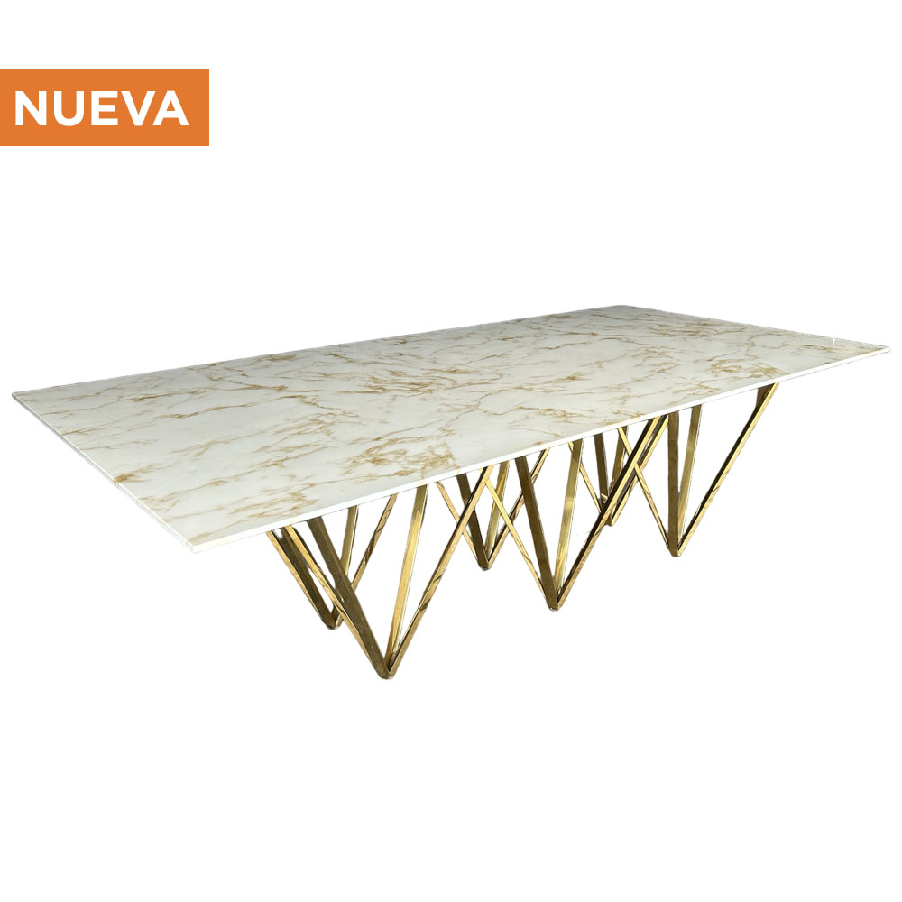 Cubierta de Cristal Tipo Mármol Calacatta Gold Rectangular con Base Piramidal Dorada