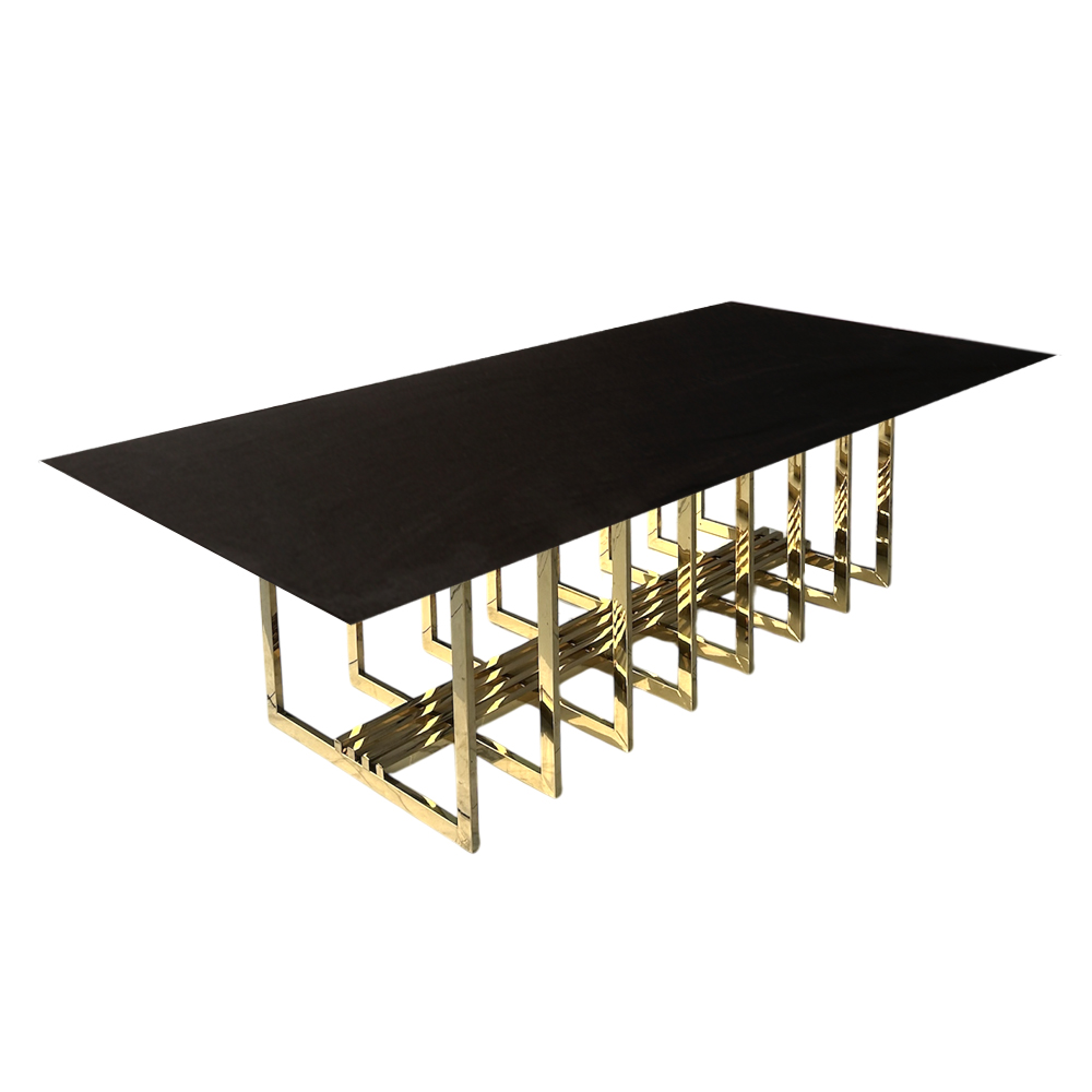Cubierta rectangular de cristal negro con base jaula dorada