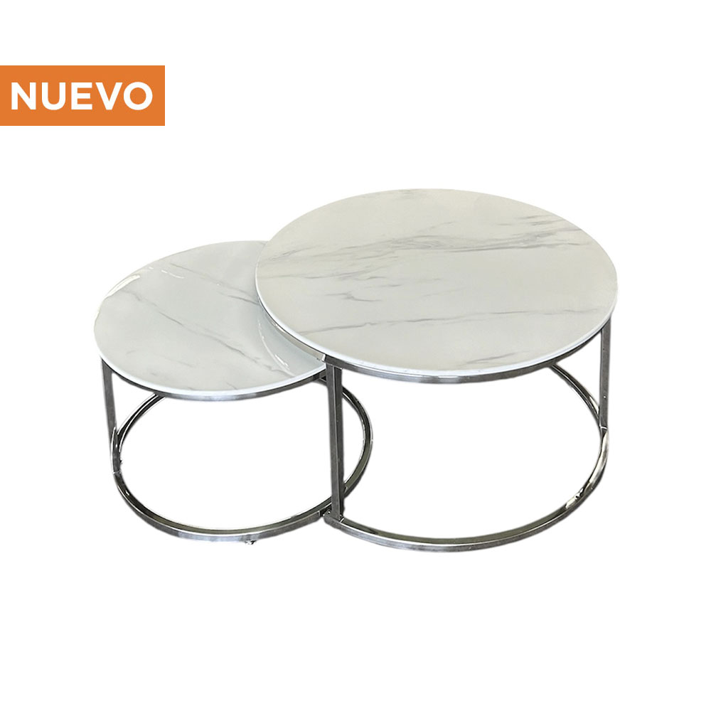 Mesa de Centro Doble Plateada con Cubierta de Mármol Blanco