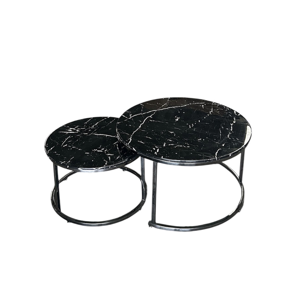 Mesa de Centro Doble Cromada Negra con Cubierta de Mármol Negro