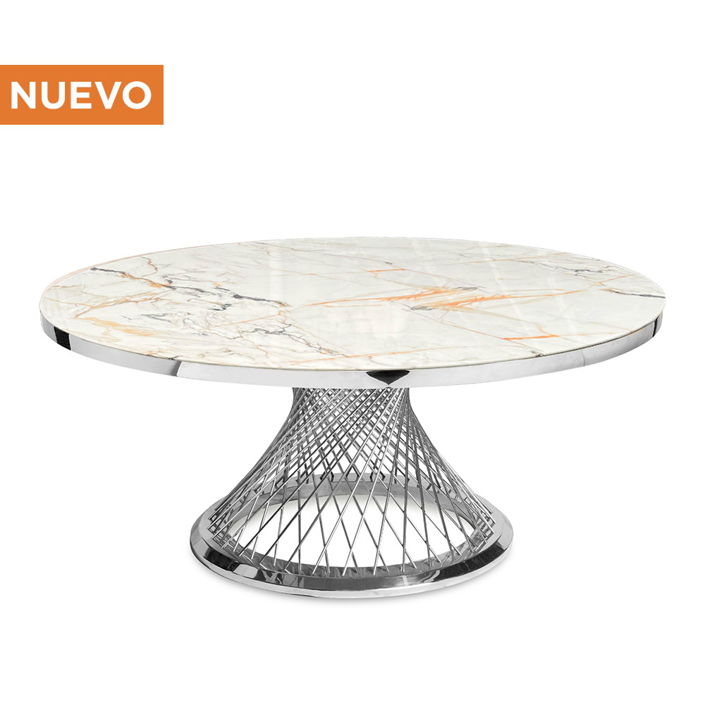 Cubierta Circular Calacatta Gold con Base Fuente Plateada