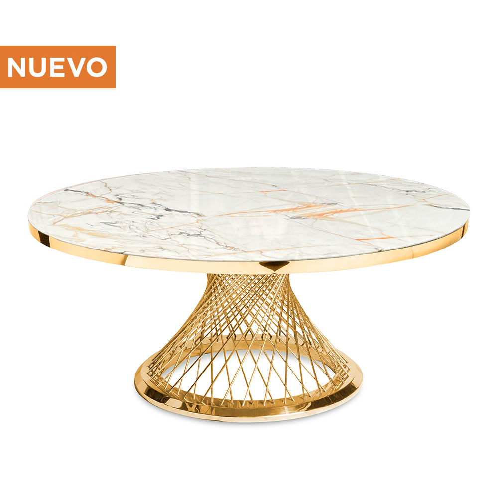 Cubierta Circular Calacatta Gold con Base Fuente Rose Gold