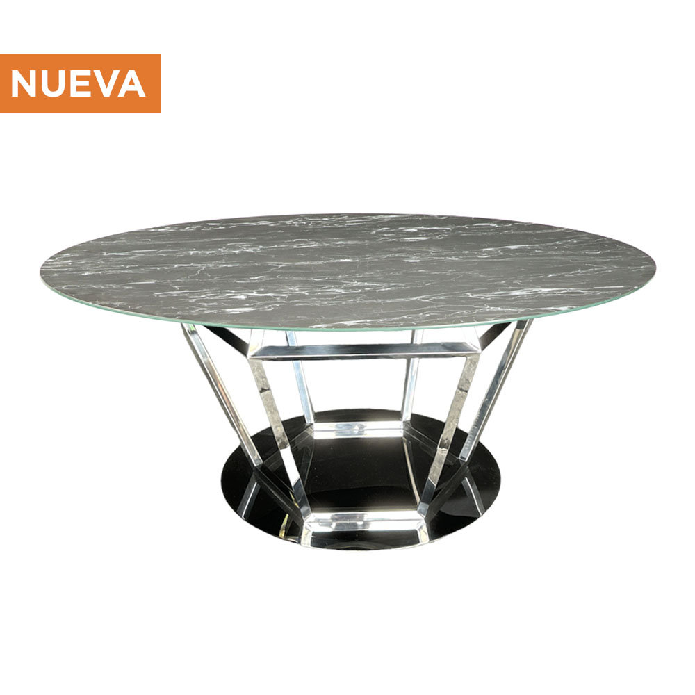 Cubierta de cristal negro tipo mármol circular con base diamante plateada