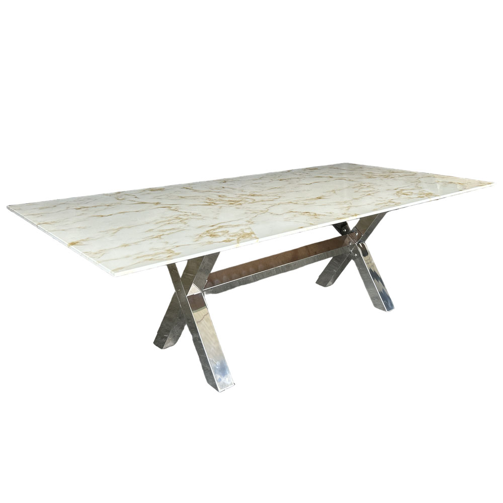Cubierta rectangular de cristal tipo mármol Calacatta Gold con base cruceta cromada