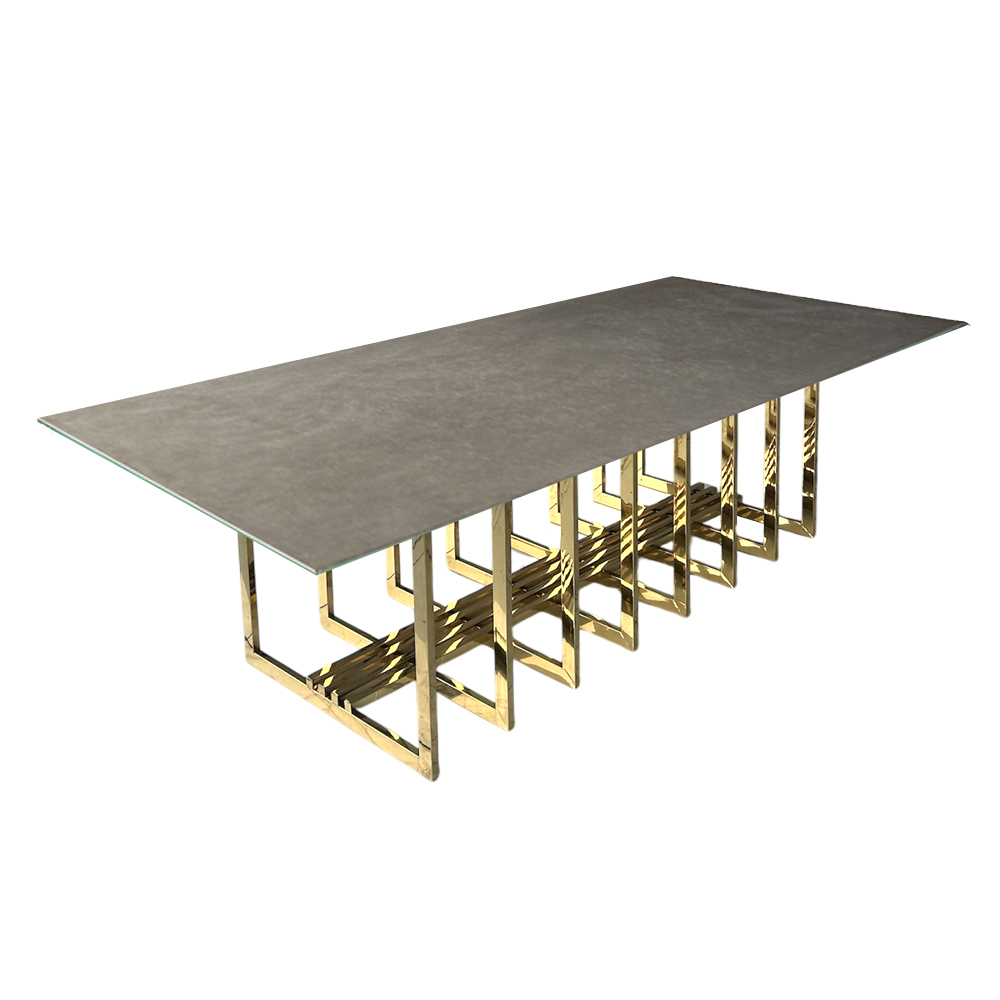Cubierta rectangular de cristal tipo concreto con base jaula dorada