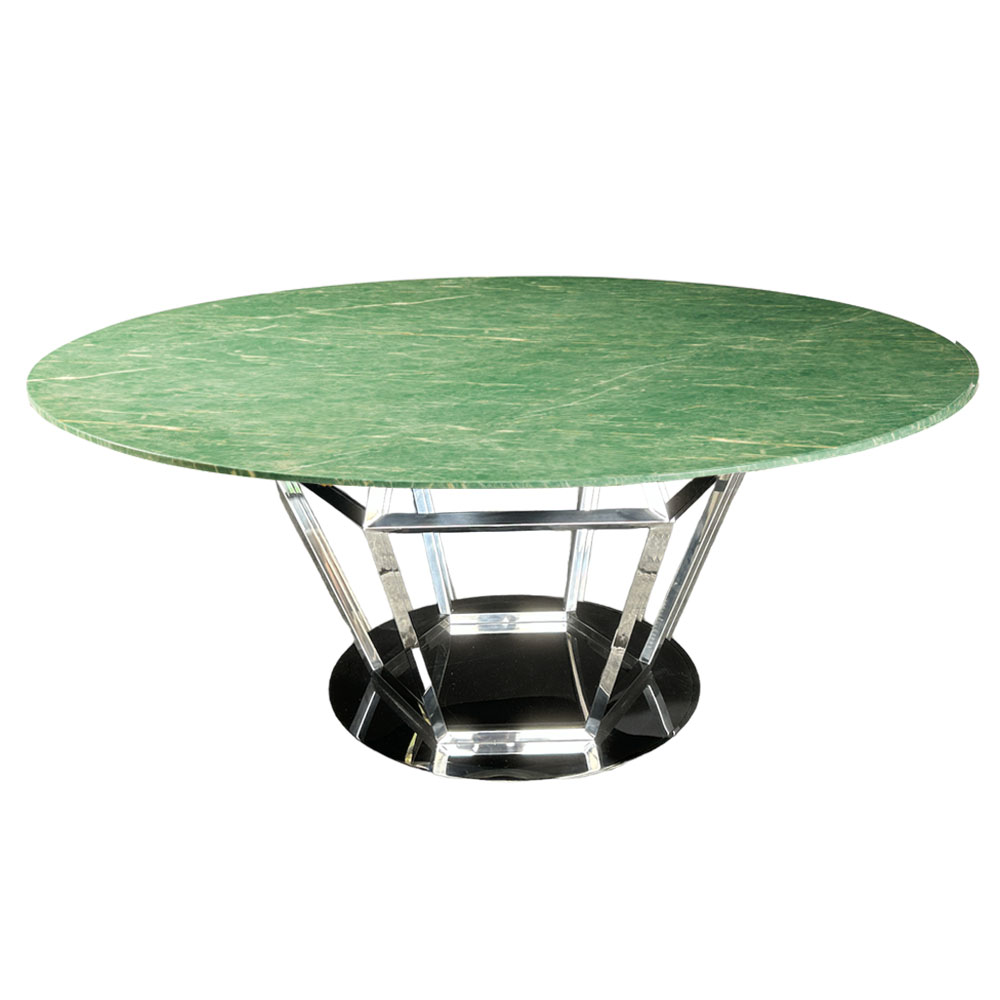 Cubierta circular de mármol verde con base diamante plateada