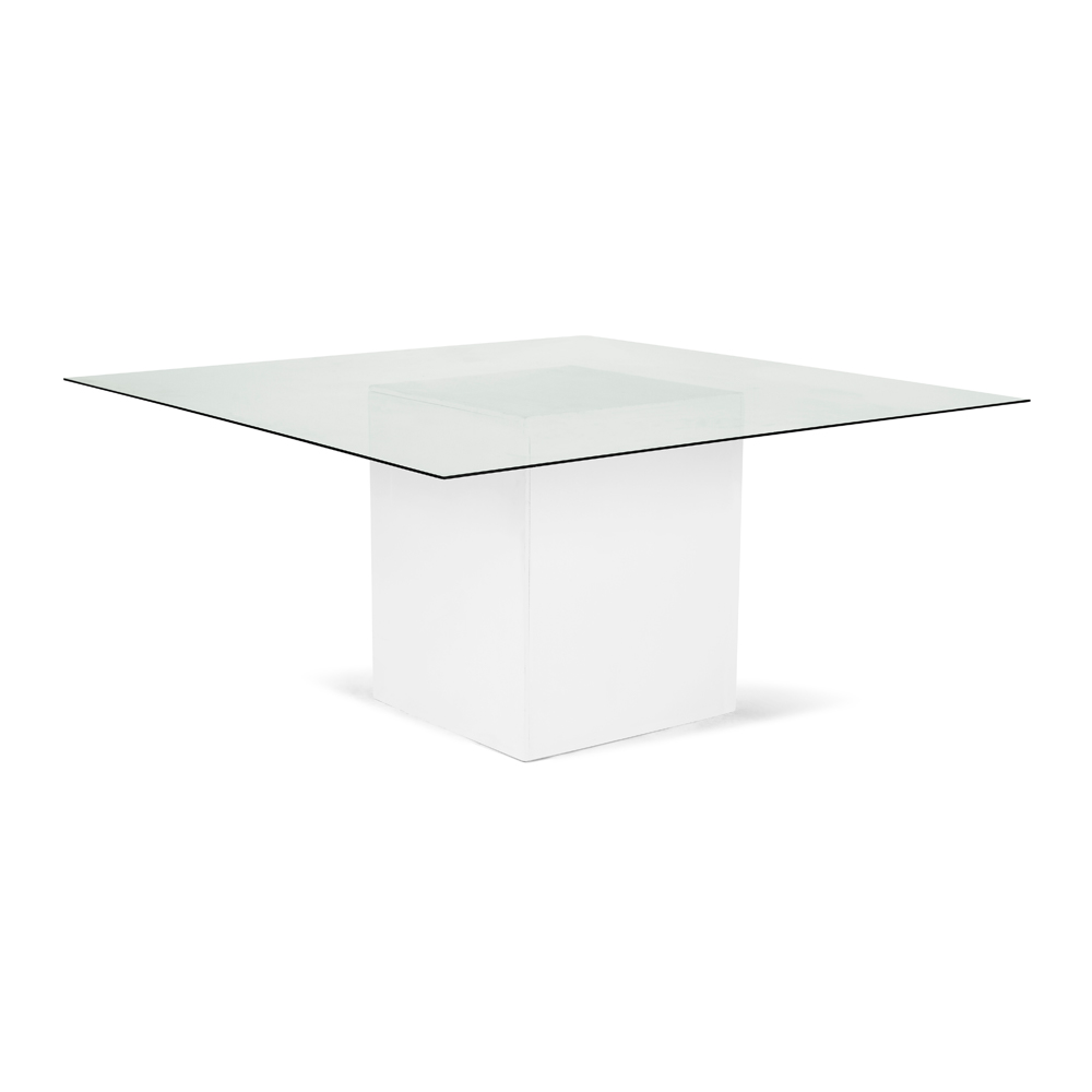 Mesa cuadrada de cristal con cubo de madera